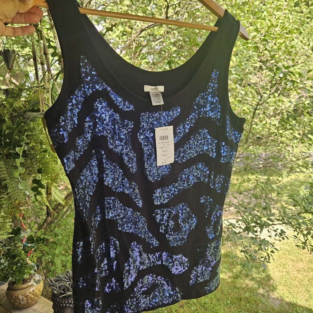 NWT Vintage Cache Y2K Sequin Going Out Tank Top Black Blue Large Party Deadstock